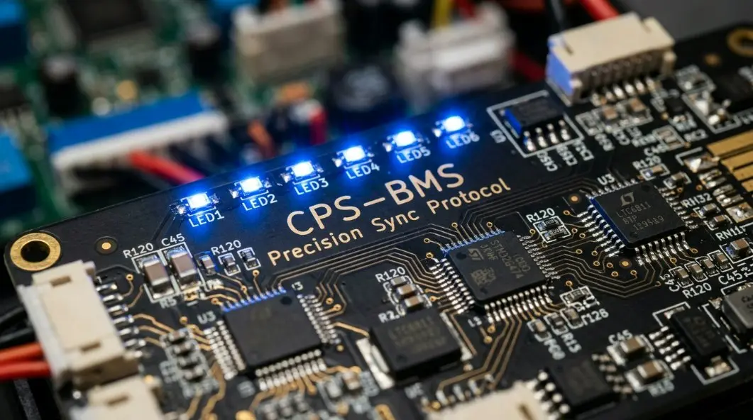 A close-up of a high-end Battery Management System (BMS) circuit board with the text CPS-BMS Precision Sync Protocol etched onto it, glowing with blue LED indicators.